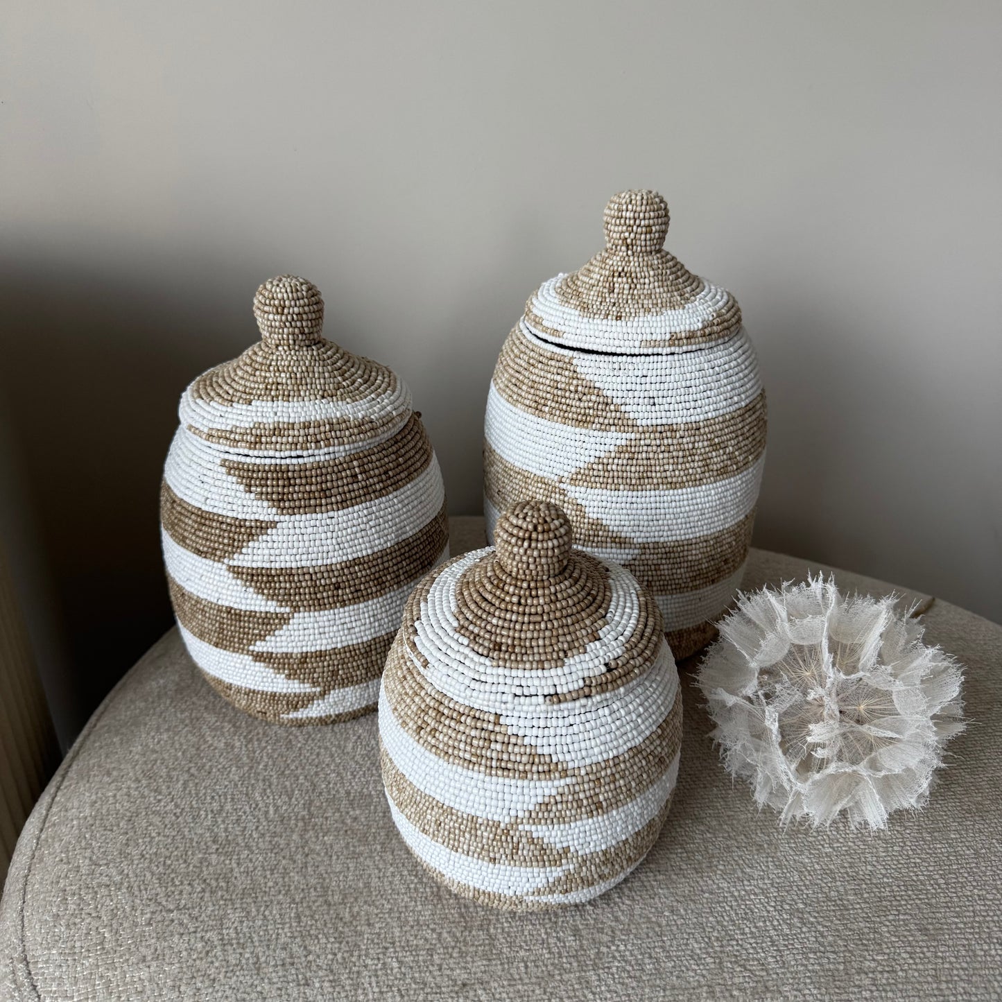 Kralen pot - Beige/white (3 afmetingen)