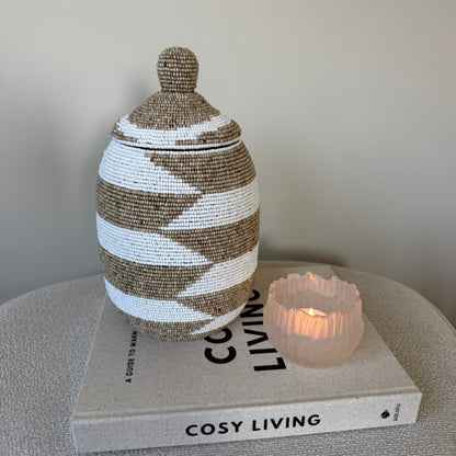 Kralen pot - Beige/white L-26cm